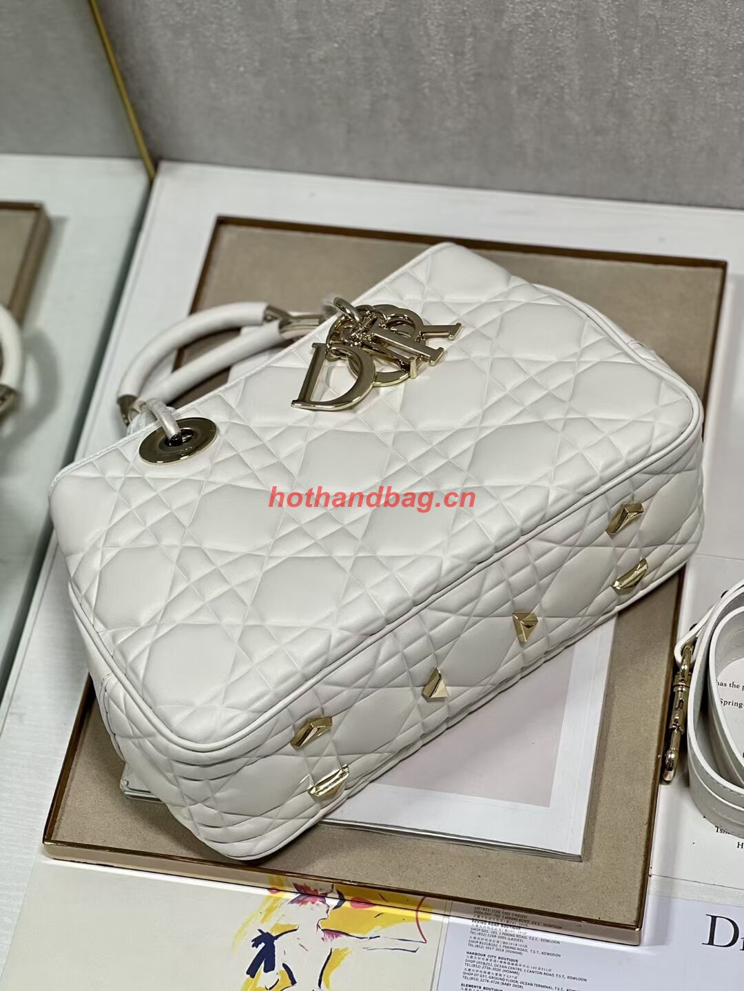 LADY DIOR TOP HANDLE MEDIUM BAG Latte Cannage Lambskin C9226 WHITE&GOLD