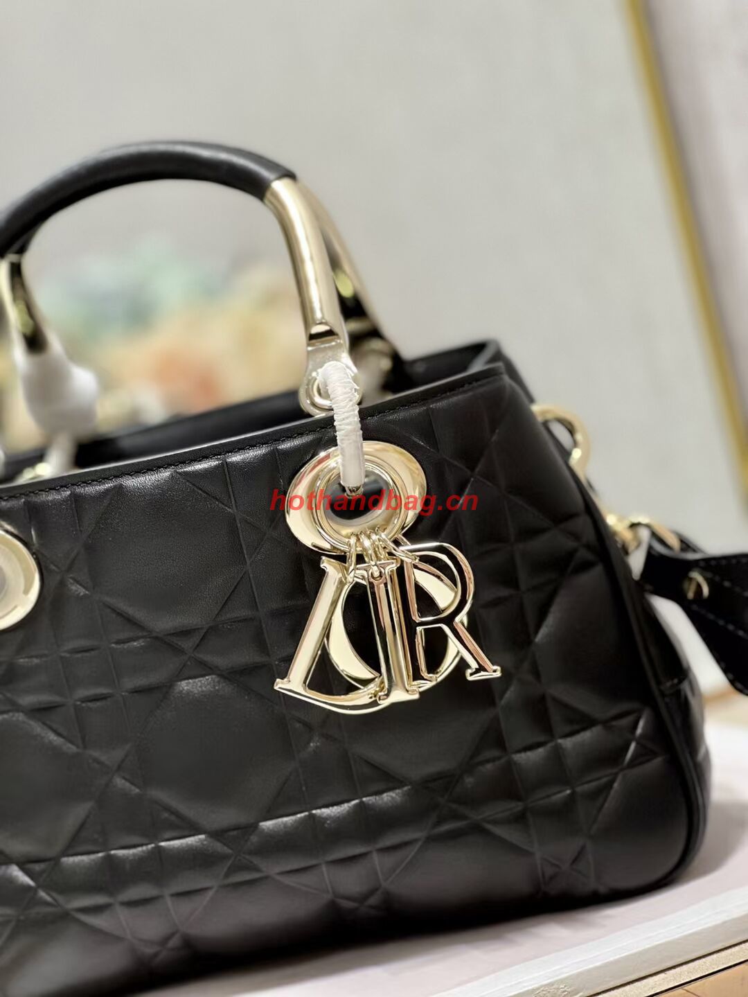 LADY DIOR TOP HANDLE MEDIUM BAG Cannage Lambskin C9227 BLACK&GOLD