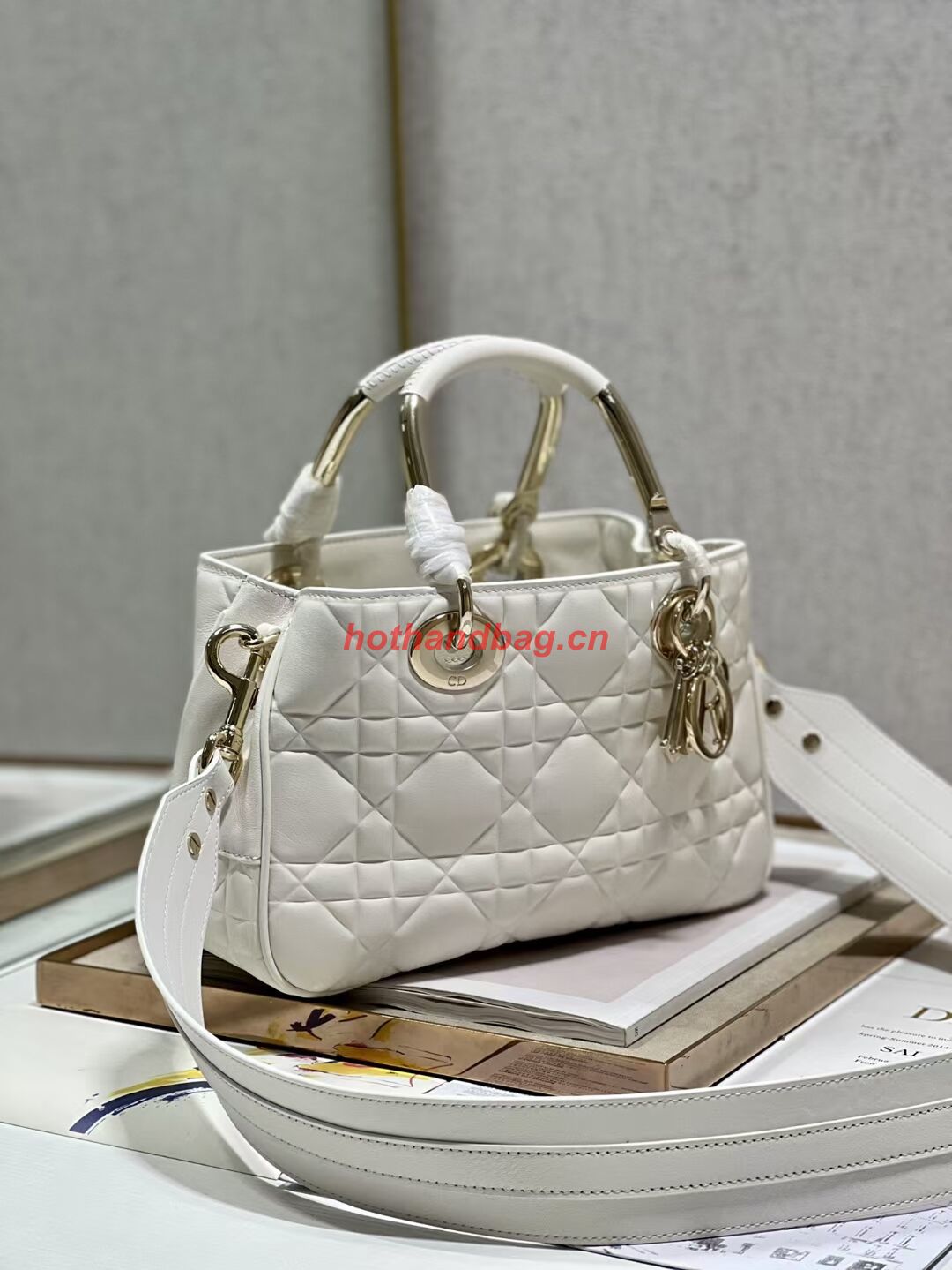 LADY DIOR TOP HANDLE MEDIUM BAG Latte Cannage Lambskin C9227 WHITE&GOLD