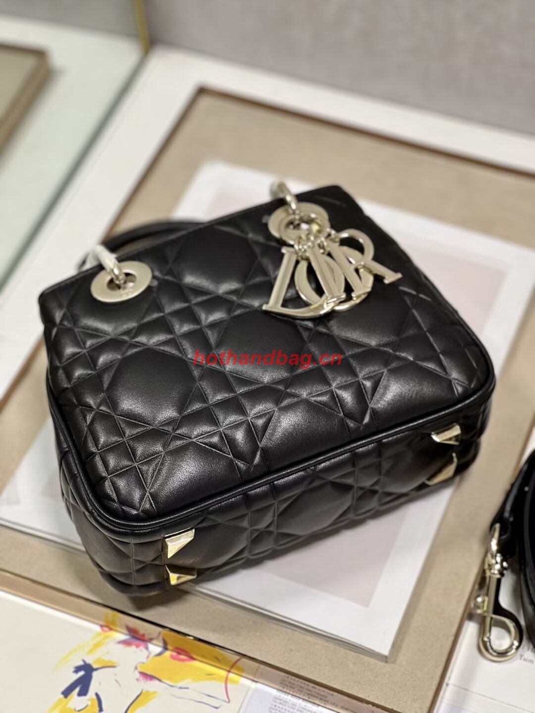 LADY DIOR TOP HANDLE SMALL BAG Cannage Lambskin C9228 BLACK&GOLD