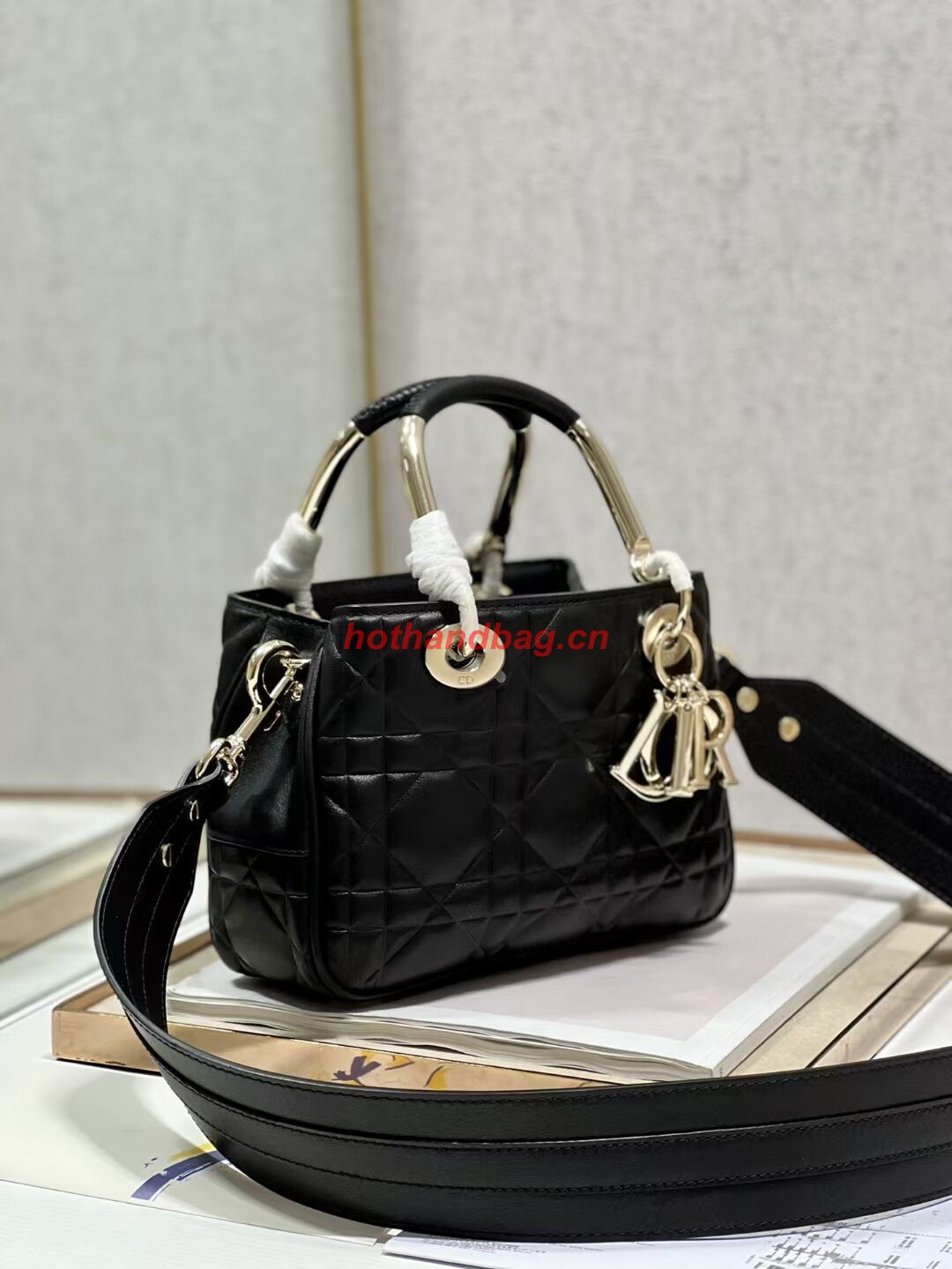 LADY DIOR TOP HANDLE SMALL BAG Cannage Lambskin C9228 BLACK&GOLD