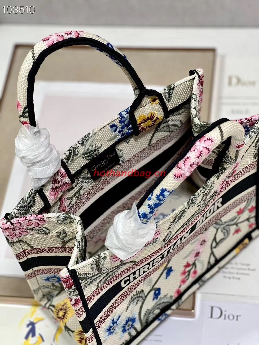 SMALL DIOR BOOK TOTE Natural Multicolor Raffia Embroidered with Dior Petites Fleurs M1265ZC