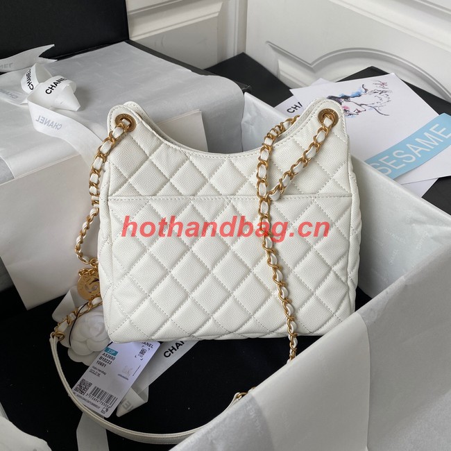 Chanel HOBO HANDBAG Grained Shiny Calfskin & Gold-Tone Metal AS3690 WHITE