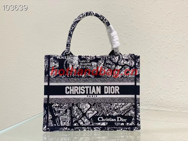 SMALL DIOR BOOK TOTE Black and White Plan de Paris Embroidery M1265ZC