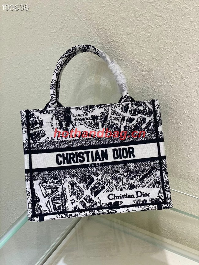 SMALL DIOR BOOK TOTE White and Black Plan de Paris Embroidery M1265ZC