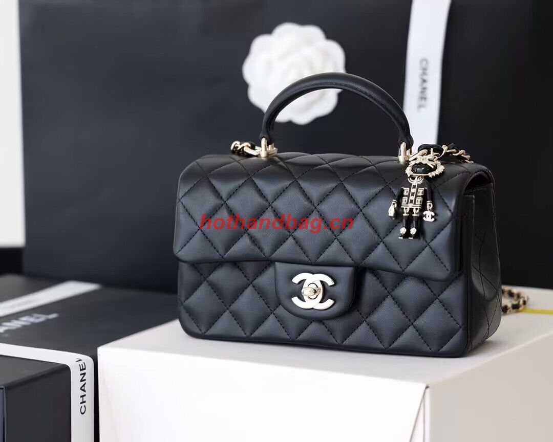 CHANEL mini flap bag with top handle AS2431 Black&Silver-Tone