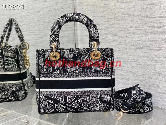 Dior MEDIUM LADY D-LITE BAG Black and White Plan de Paris Embroidery M0565OOMP