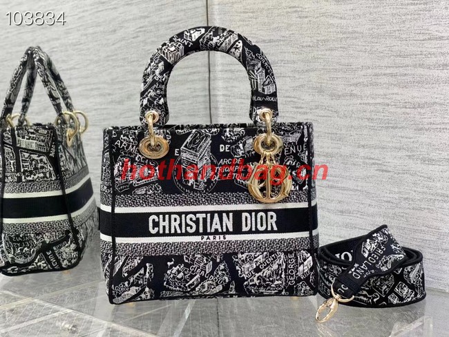 Dior MEDIUM LADY D-LITE BAG Black and White Plan de Paris Embroidery M0565OOMP