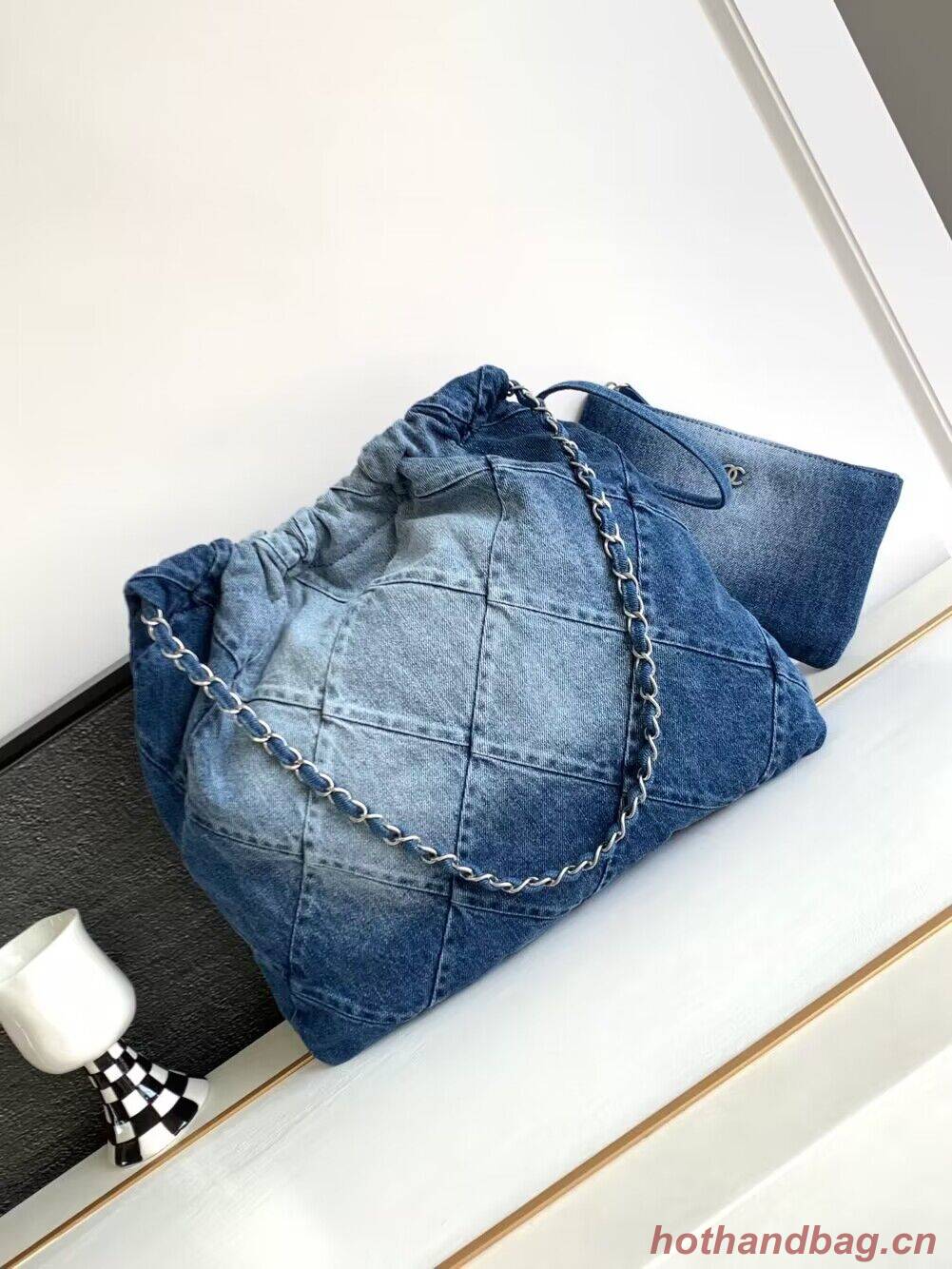 CHANEL 22 Shopping Bag Denim & Silver-Tone Metal AS3137 Blue