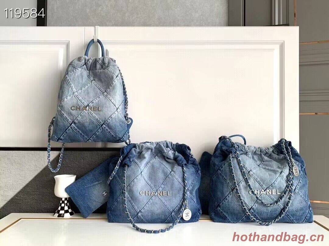 CHANEL 22 Shopping Bag Denim & Silver-Tone Metal AS3137 Blue