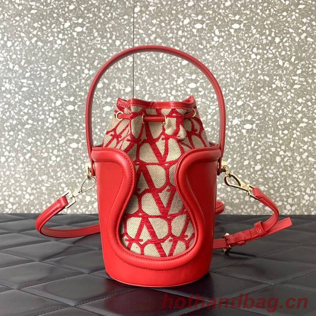 VALENTINO V-logo MINI LOCO sheepskin and fabric Bucket Bag I6ZN red