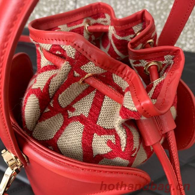 VALENTINO V-logo MINI LOCO sheepskin and fabric Bucket Bag I6ZN red