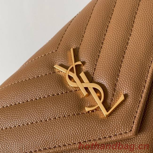 SAINT LAURENT CASSANDRE MATELASSE ENVELOPE CHAIN WALLET IN GRAIN DE POUDRE EMBOSSED LEATHER 393953 Golden Brown