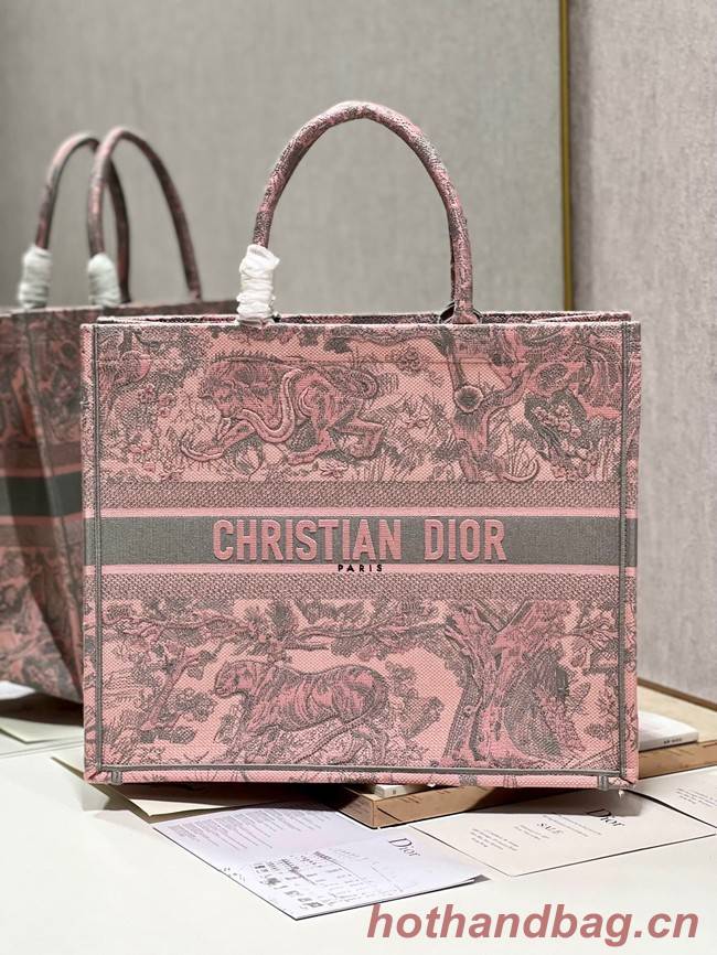 LARGE DIOR BOOK TOTE Pink and Gray Toile de Jouy Sauvage Embroidery M1286ZTD