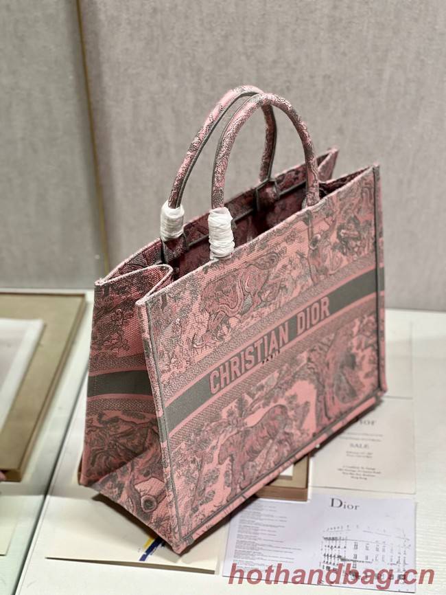 LARGE DIOR BOOK TOTE Pink and Gray Toile de Jouy Sauvage Embroidery M1286ZTD