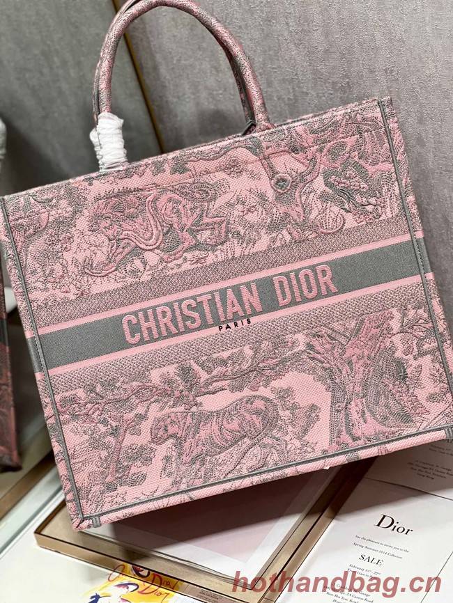 LARGE DIOR BOOK TOTE Pink and Gray Toile de Jouy Sauvage Embroidery M1286ZTD