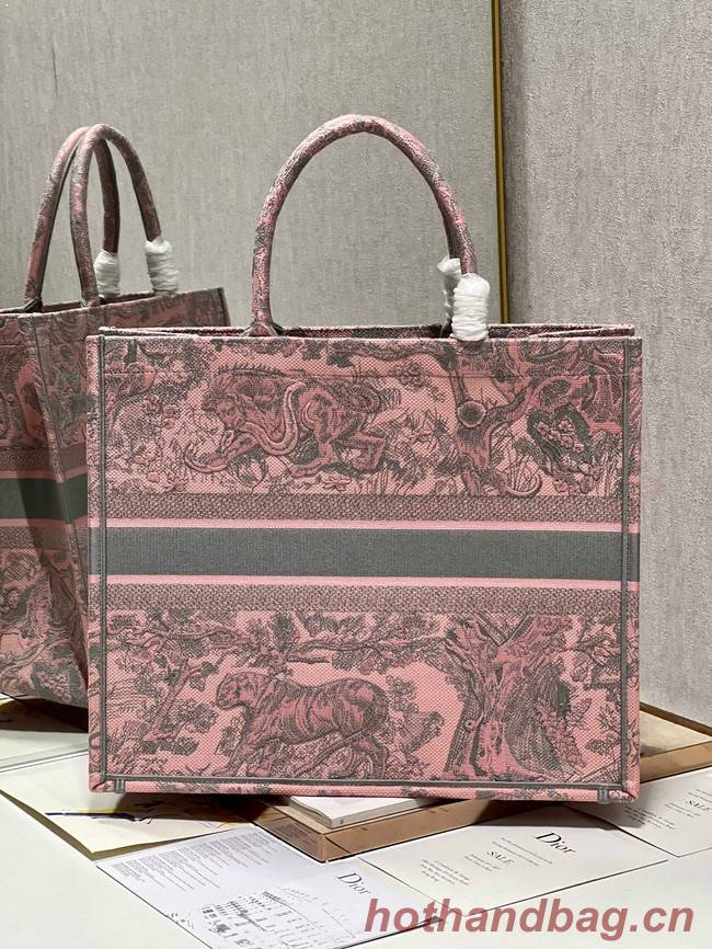 LARGE DIOR BOOK TOTE Pink and Gray Toile de Jouy Sauvage Embroidery M1286ZTD