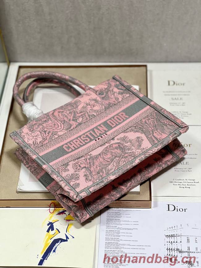 SMALL DIOR BOOK TOTE Gray and Pink Toile de Jouy Reverse Embroidery M1296ZRG