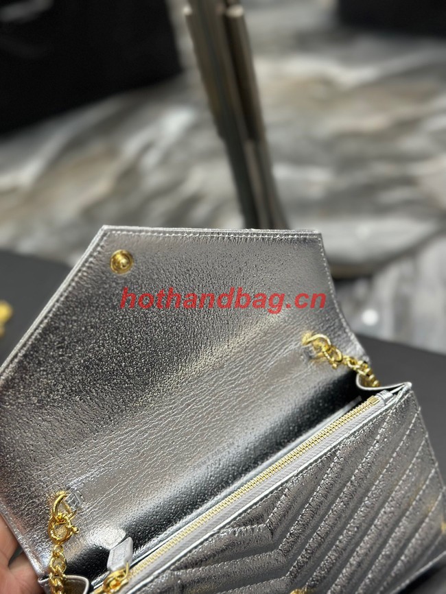 SAINT LAURENT CASSANDRE MATELASSE ENVELOPE CHAIN WALLET IN GRAIN DE POUDRE EMBOSSED LEATHER 393953 Silver