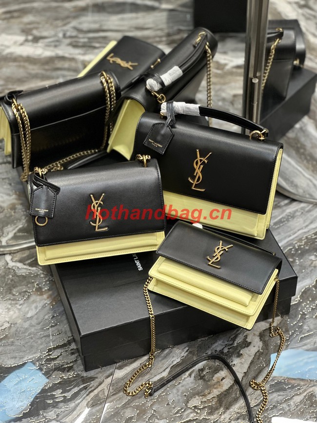 SAINT LAURENT SUNSET CHAIN WALLET IN COATED BARK LEATHER 533026 black&yellow