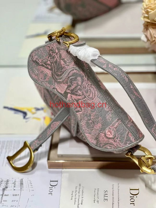 Dior SADDLE BAG Gray and Pink Toile de Jouy Reverse Embroidery M0446CEUP