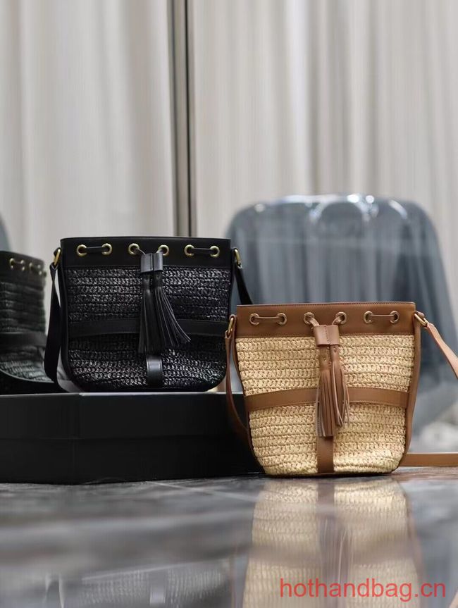 SAINT LAURENT IN RAFFIA AND LEATHER Shoulder Bag Y998223 BLACK