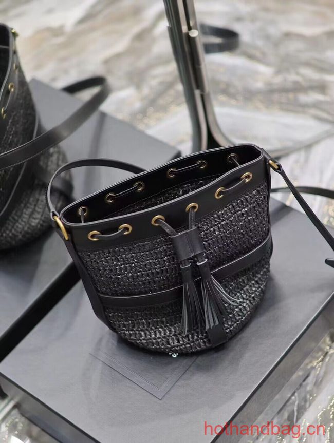 SAINT LAURENT IN RAFFIA AND LEATHER Shoulder Bag Y998223 BLACK