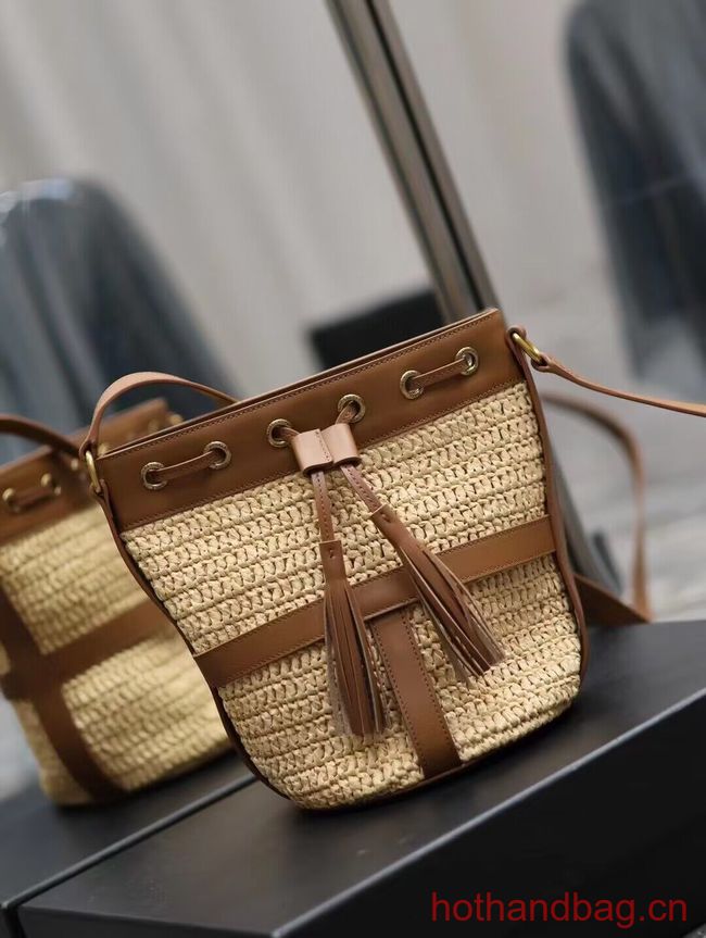 SAINT LAURENT IN RAFFIA AND LEATHER Shoulder Bag Y998223 apricot