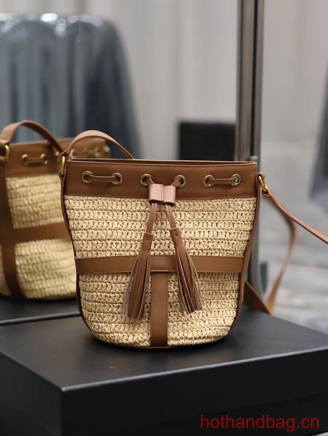 SAINT LAURENT IN RAFFIA AND LEATHER Shoulder Bag Y998223 apricot