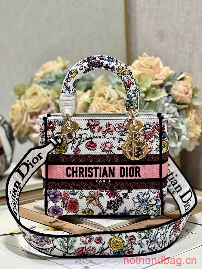 MEDIUM DIOR LADY D-LITE BAG White Multicolor Florilegio Embroidery M0565