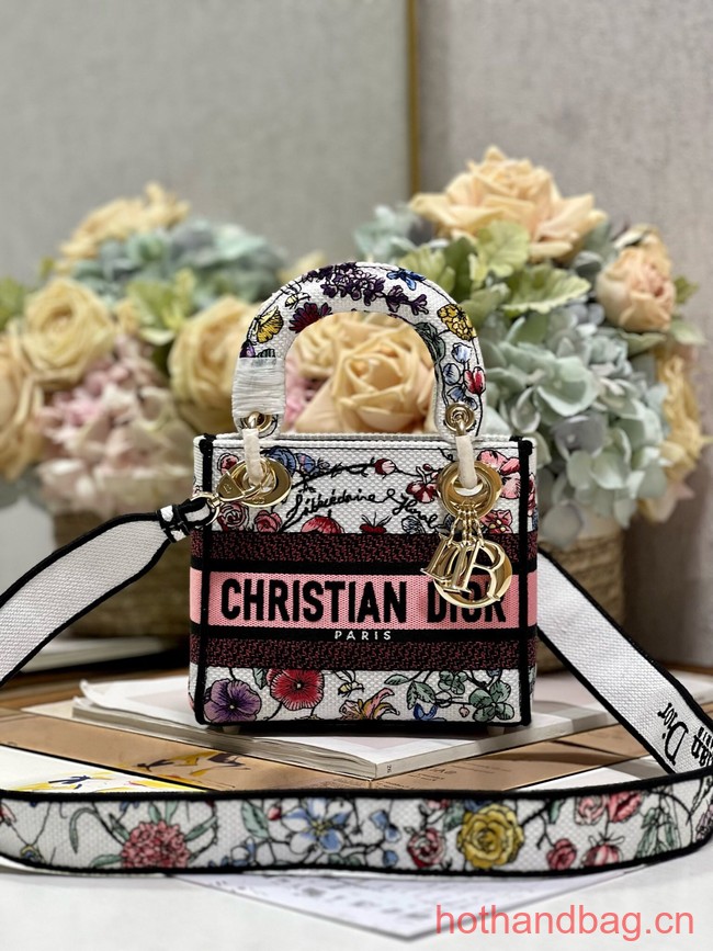 MINI LADY DIOR BAG  White Multicolor Florilegio Embroidery M0505OW