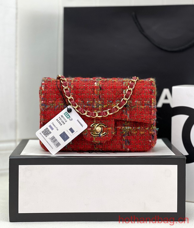 Chanel CLASSIC HANDBAG Wool Tweed A1116 red