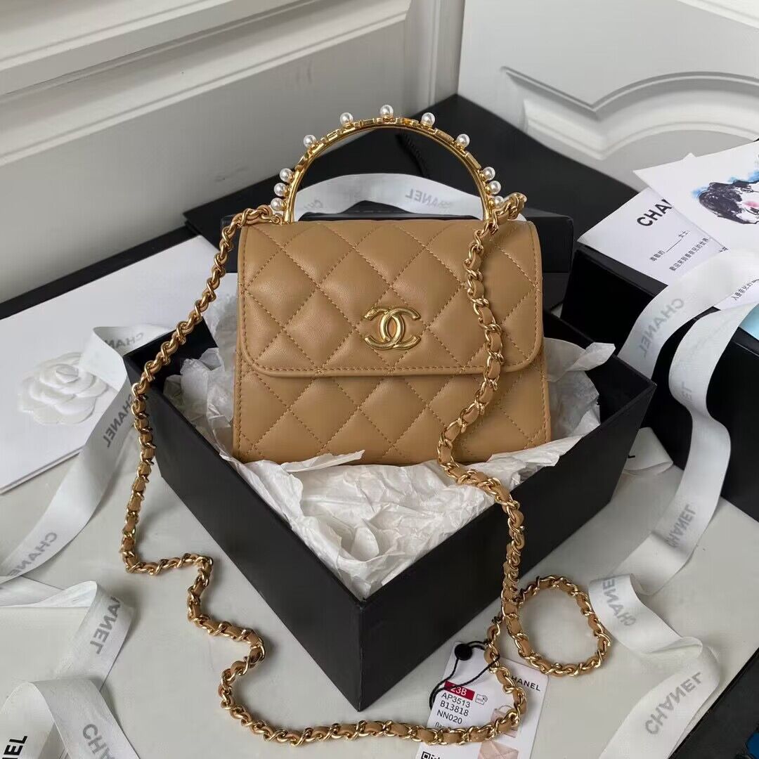 CHANEL 22B Kelly Pearl Top Handle Bag AP3513 Apricot