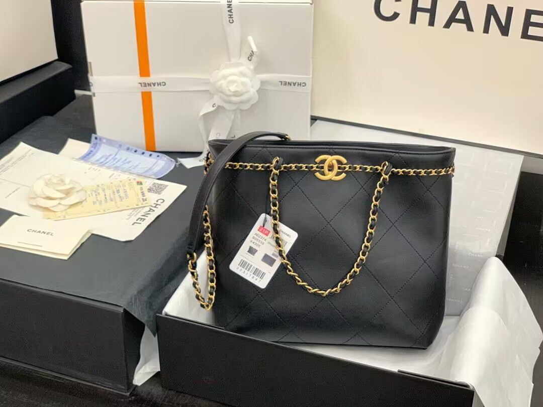 Chanel Original Leather Vintage Tote Shopping Bag AS2374 Black