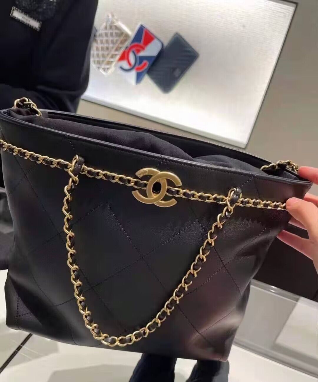 Chanel Original Leather Vintage Tote Shopping Bag AS2374 Black