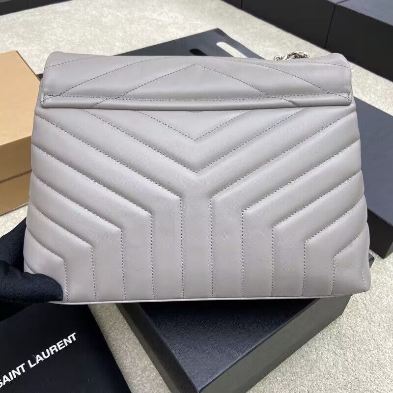 SAINT LAURENT Loulou Monogram Large quilted leather shoulder bag 392288 Light Gray Sliver-Tone