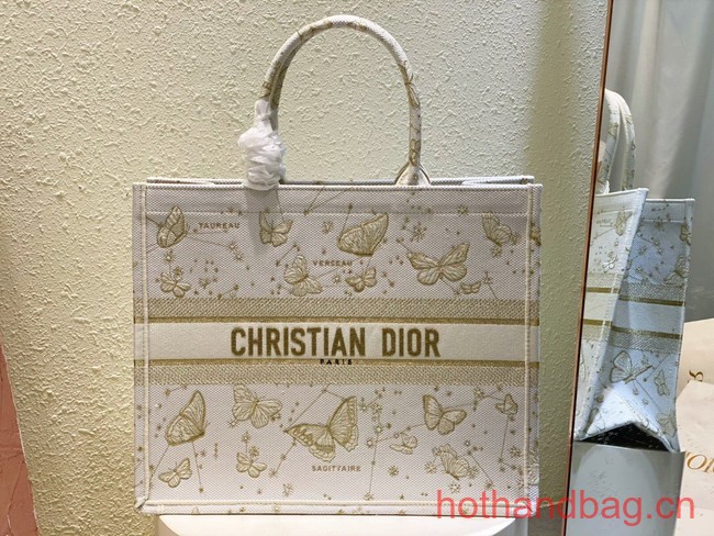 LARGE DIOR BOOK TOTE Gold-Tone and White Butterfly Zodiac Embroidery M1286ZT