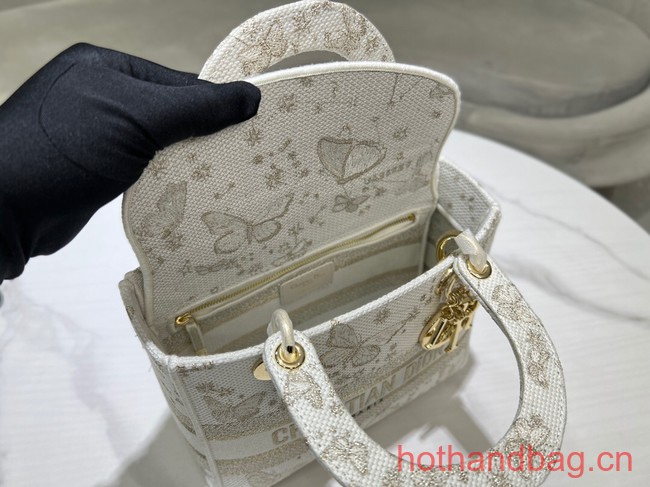 MEDIUM Dior LADY D-LITE BAG Gold-Tone and White Butterfly Zodiac Embroidery M0565OE