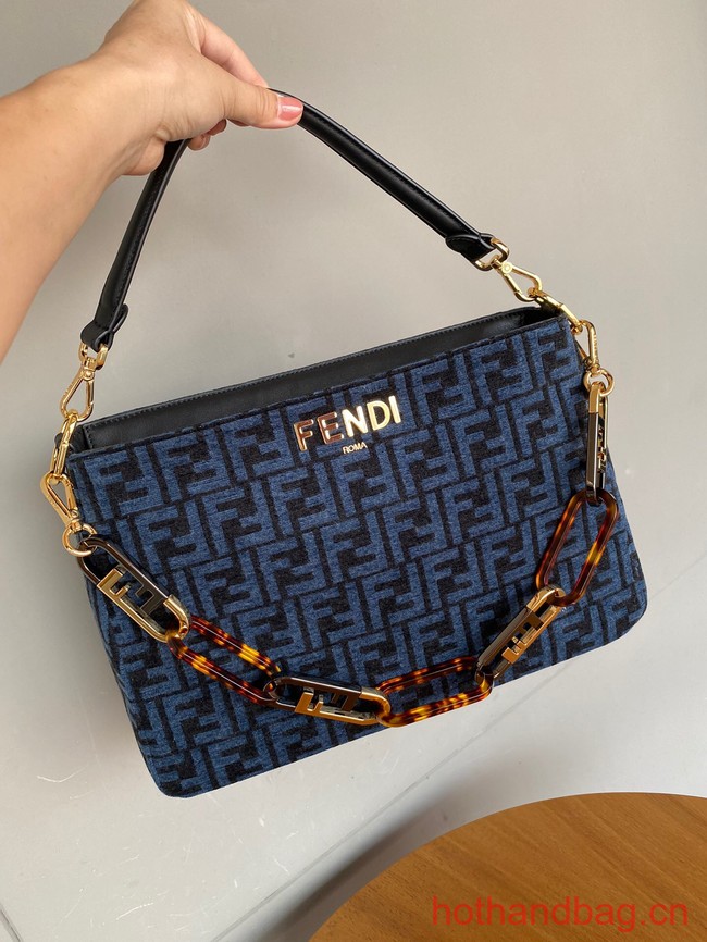 Fendi O Lock Zipper Brown FF jacquard fabric and leather bag F1068 blue