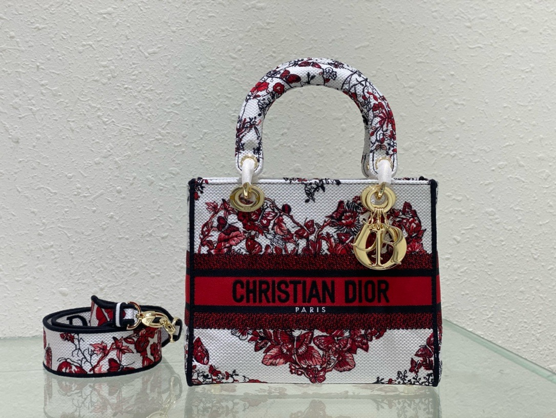 Dior Medium Lady D-Lite Bag White and Red Le Coeur des Papillons Embroidery M0565OEBJ