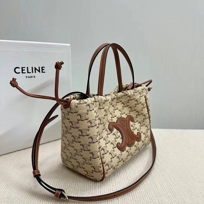 CELINE SMALL CABAS DRAWSTRING CUIR TRIOMPHE IN TRIOMPHE CANVAS AND CALFSKIN 111013 WHITE