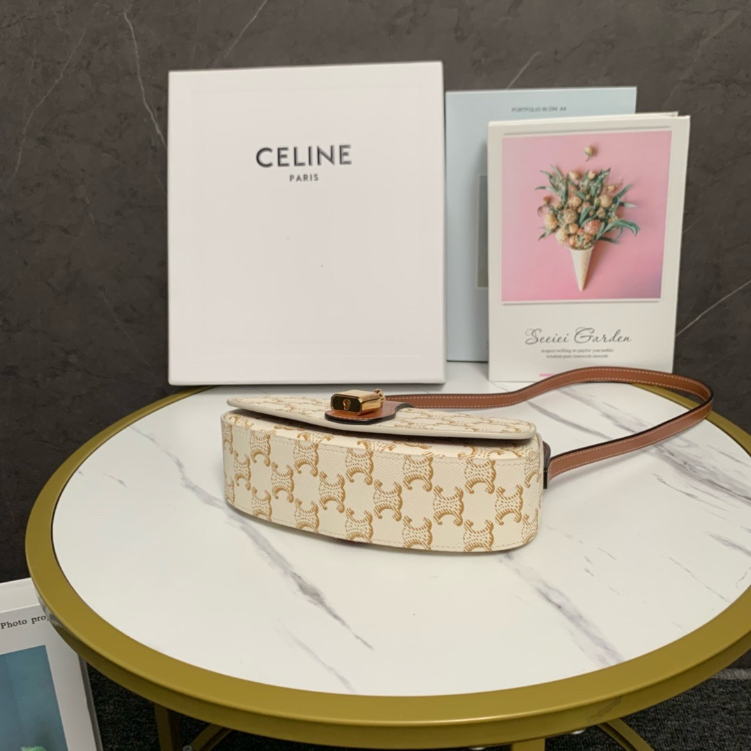 CELINE CLUTCH ON STRAP TABOU IN TRIOMPHE CANVAS AND CALFSKIN 101592 WHITE&TAN