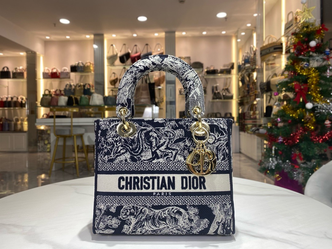 DIOR Medium Lady D-Lite Bag Toile de Jouy Embroidery M0565OTD blue