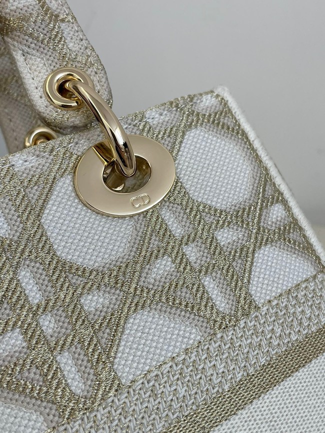 Medium Lady D-Lite Bag White and Gold-Tone Macrocannage Embroidery M0565O