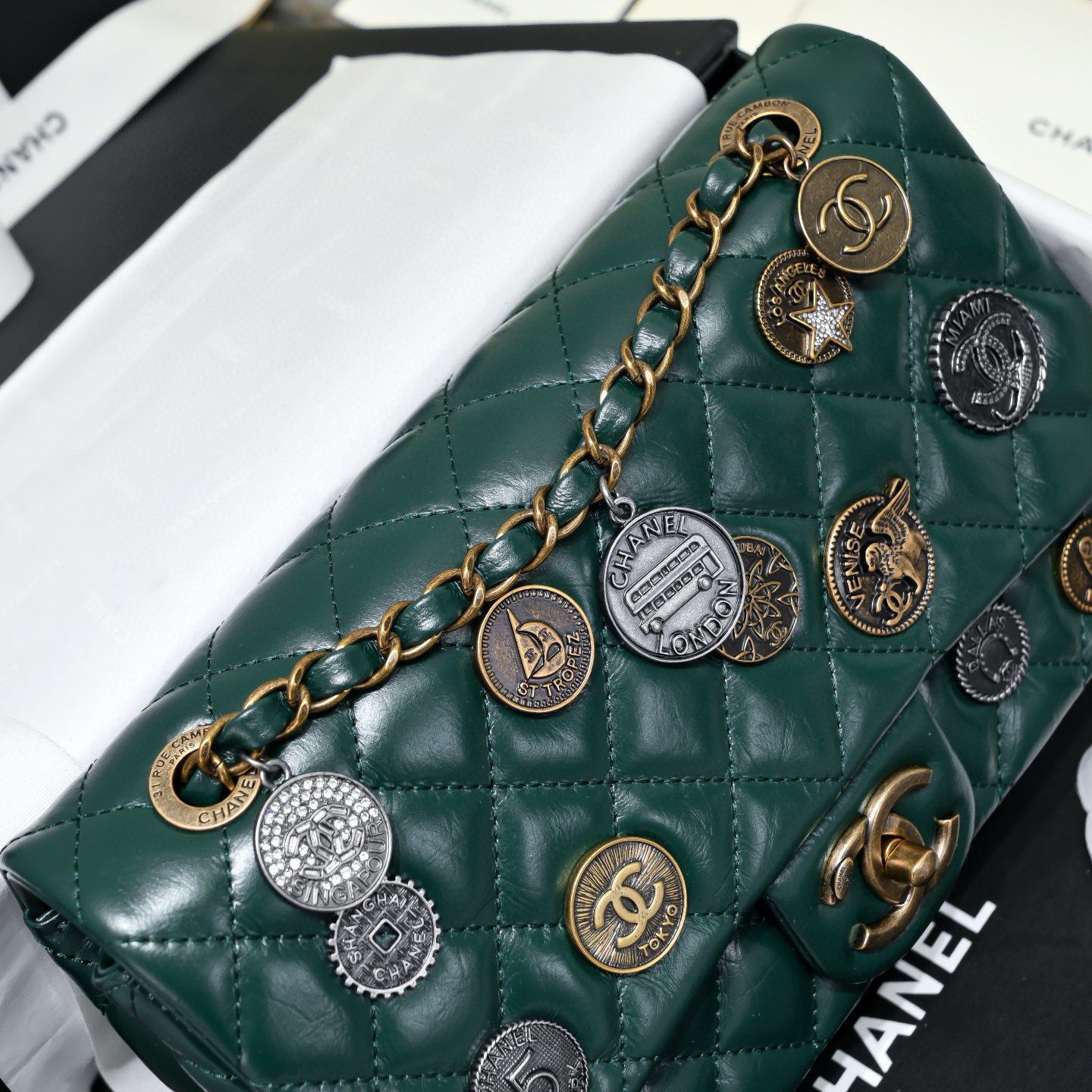 Chanel 2.55 Series Flap Bag Original Sheepskin Leather 92674 Dark Green Bronze-Tone