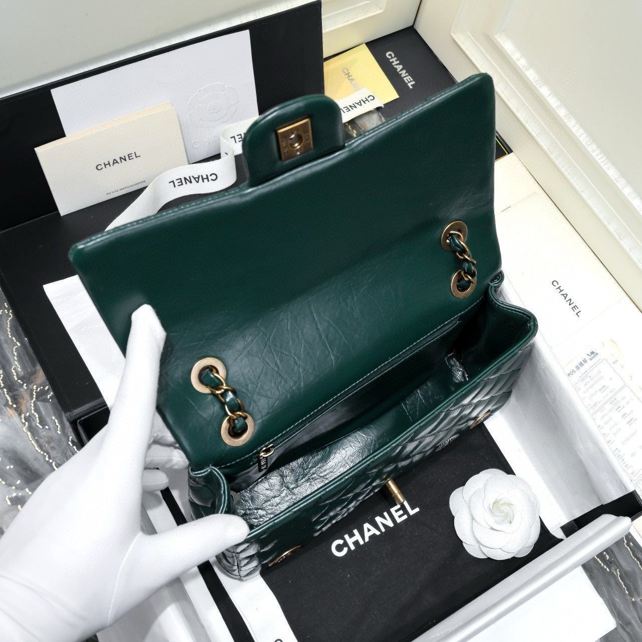 Chanel 2.55 Series Flap Bag Original Sheepskin Leather 92674 Dark Green Bronze-Tone