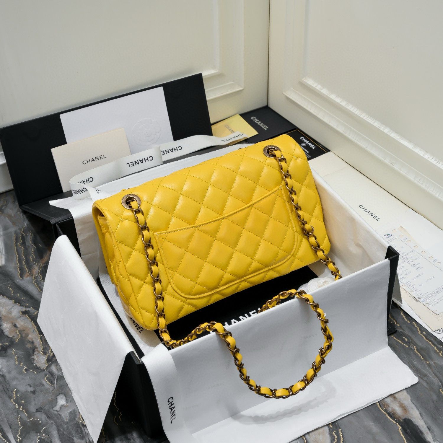 Chanel 2.55 Series Flap Bag Original Sheepskin Leather 92674 Yellow Bronze-Tone