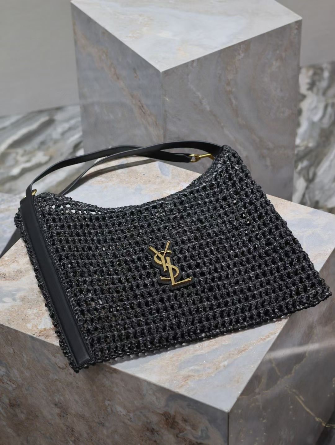 Yves Saint Laurent OXALIS BAG IN RAFFIA MACRAME 781289 BLACK