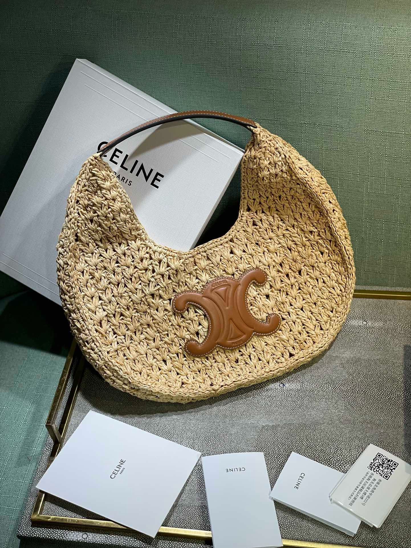 CELINE CLASSIC PANIER HOBO BAG IN RAFFIA AND CALFSKIN 112772 NATURAL & TAN