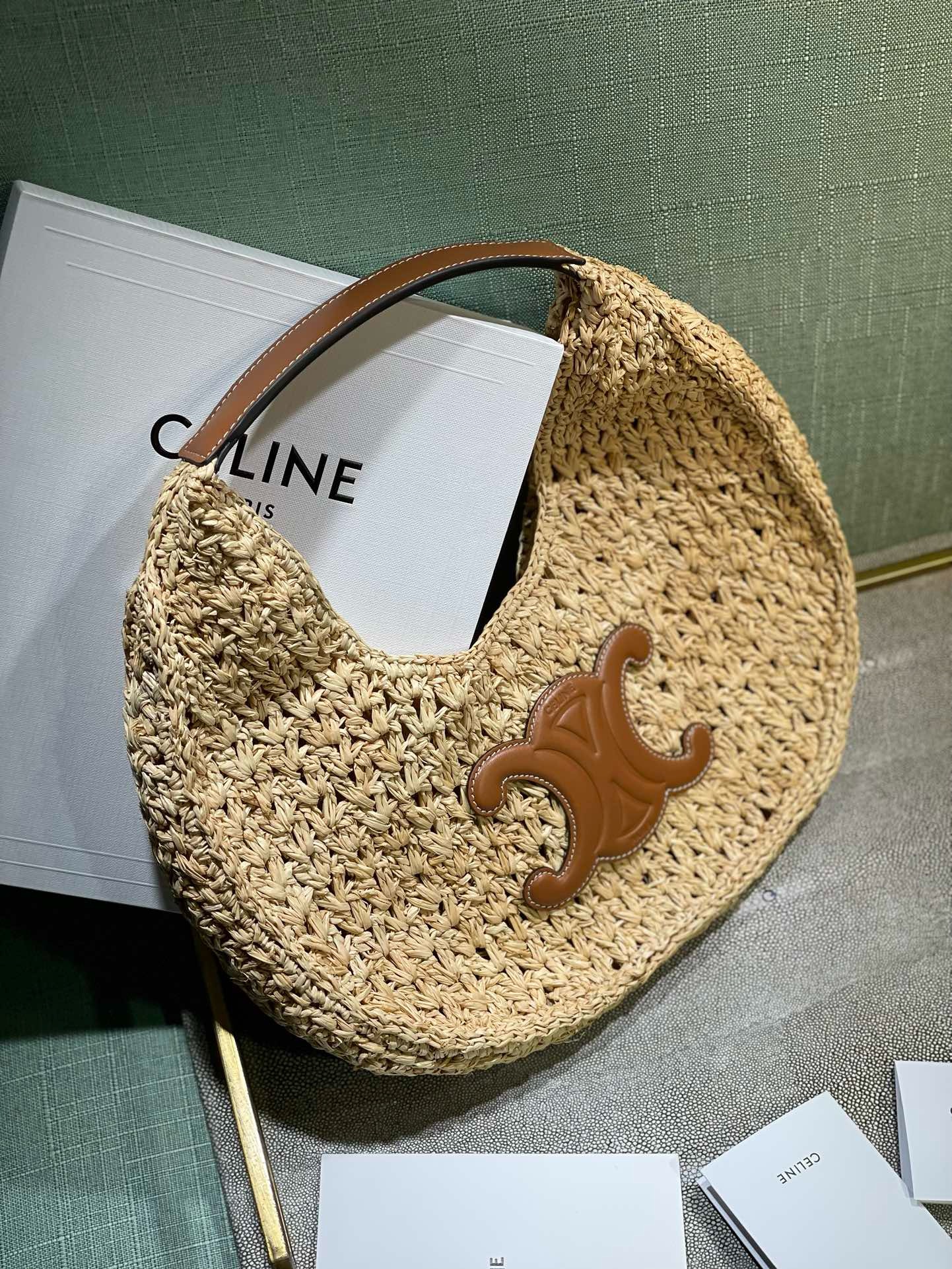 CELINE CLASSIC PANIER HOBO BAG IN RAFFIA AND CALFSKIN 112772 NATURAL & TAN